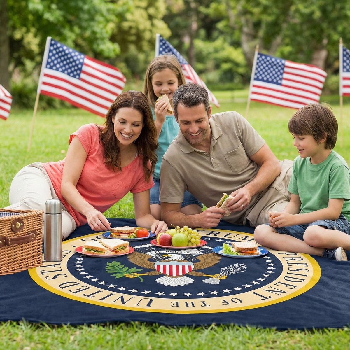Family picnic on the Trump Presidential Blanket spread on the lawn