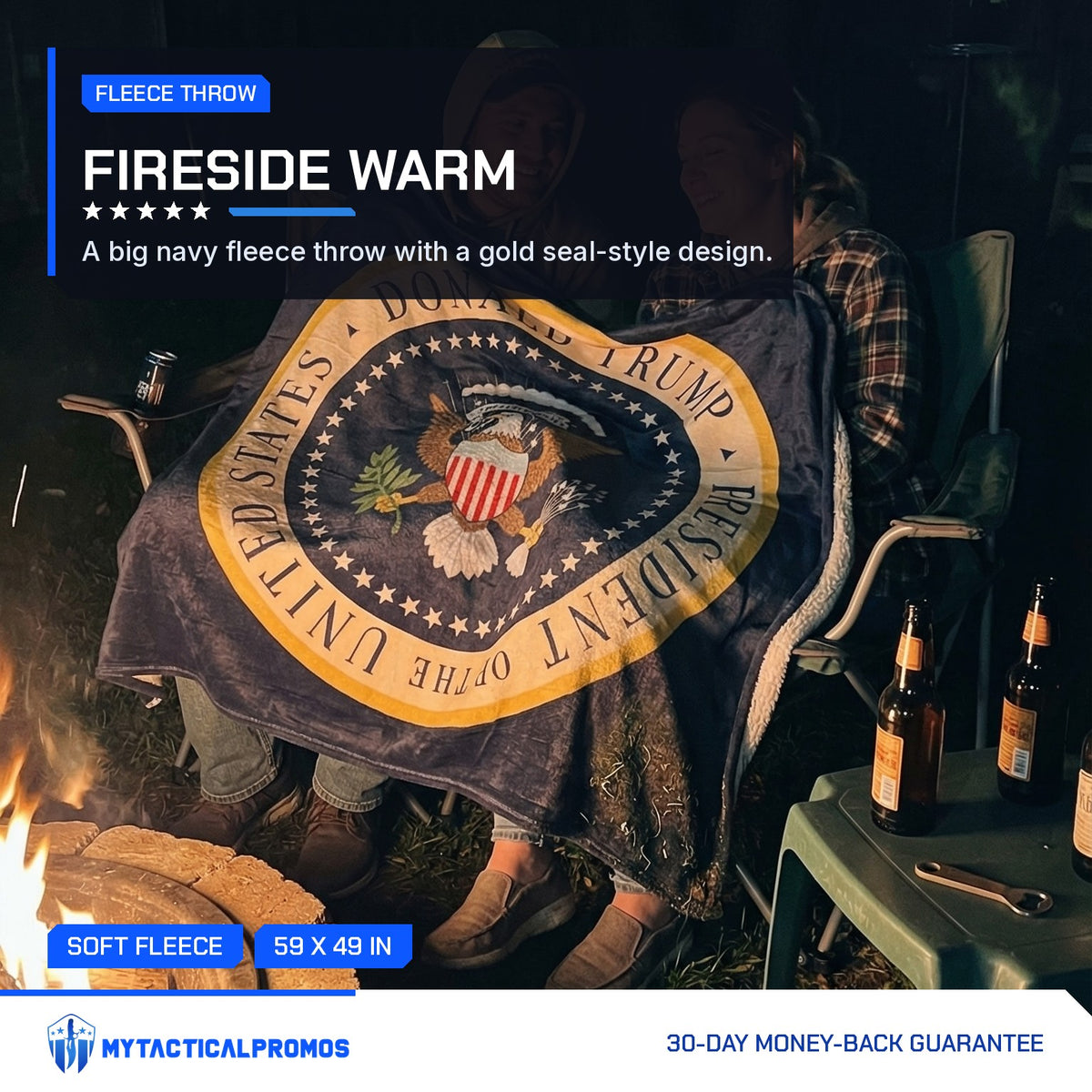 Two people sharing the Trump Presidential Blanket by a backyard fire pit at night