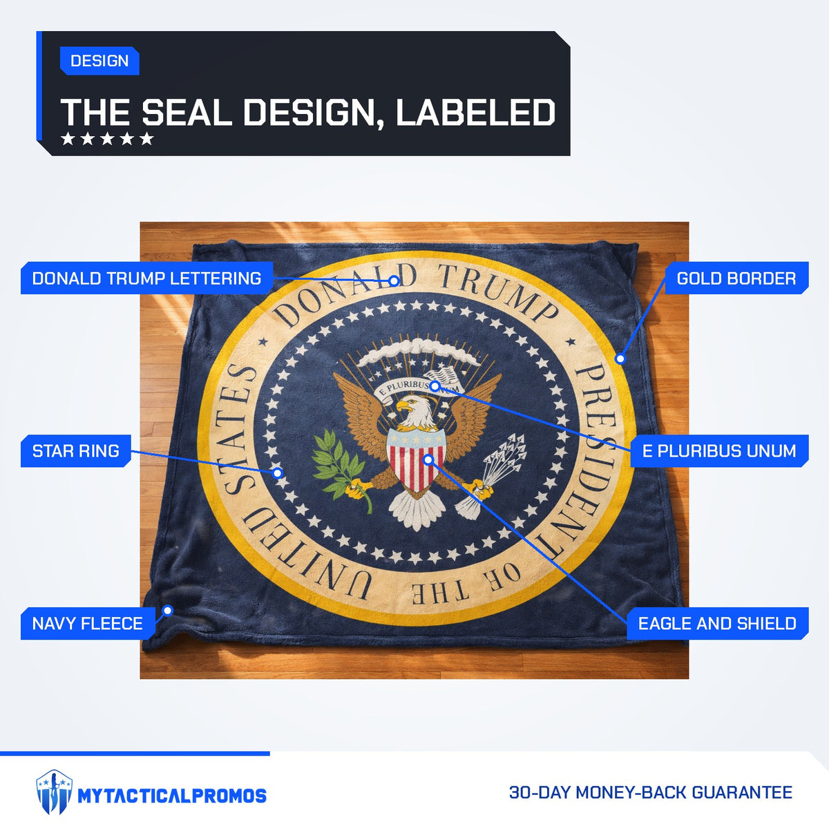 Trump Presidential Blanket features labeled: Donald Trump lettering, E Pluribus Unum banner, eagle and shield, star ring, gold border, navy fleece