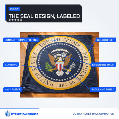 Trump Presidential Blanket features labeled: Donald Trump lettering, E Pluribus Unum banner, eagle and shield, star ring, gold border, navy fleece