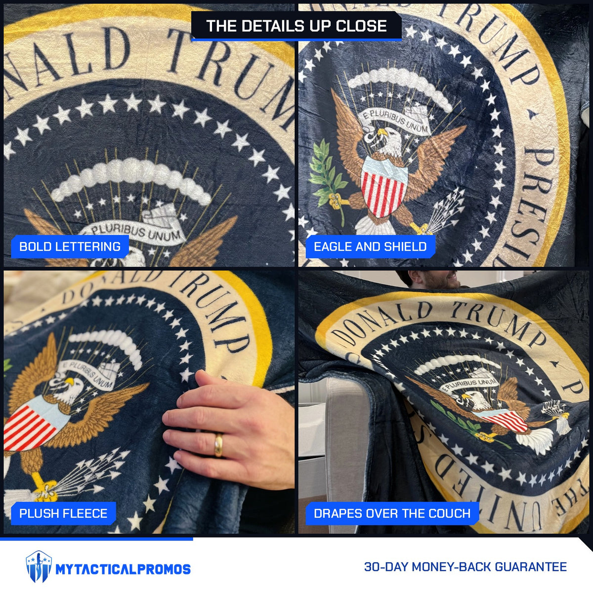 Trump Presidential Blanket close-ups: bold lettering, eagle and shield, plush fleece, draped over a couch