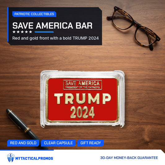 Trump Save America red and gold bar in its capsule on a wooden desk