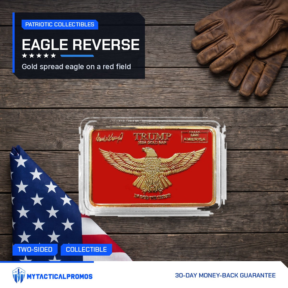 Trump Save America red and gold bar eagle reverse beside a folded American flag