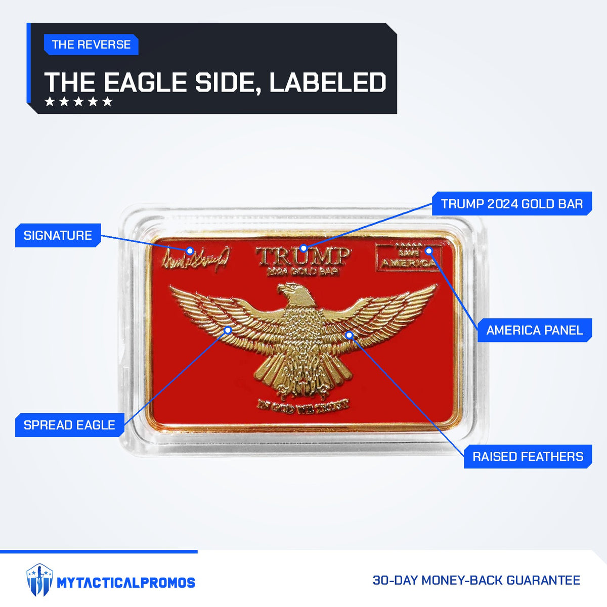 Trump Save America red and gold bar reverse labeled: signature, spread eagle, Trump 2024 Gold Bar, America panel, raised feathers