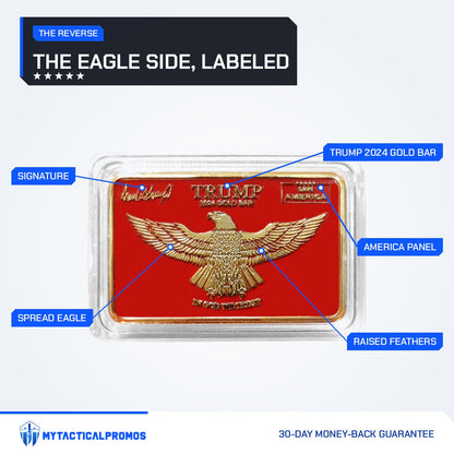 Trump Save America red and gold bar reverse labeled: signature, spread eagle, Trump 2024 Gold Bar, America panel, raised feathers