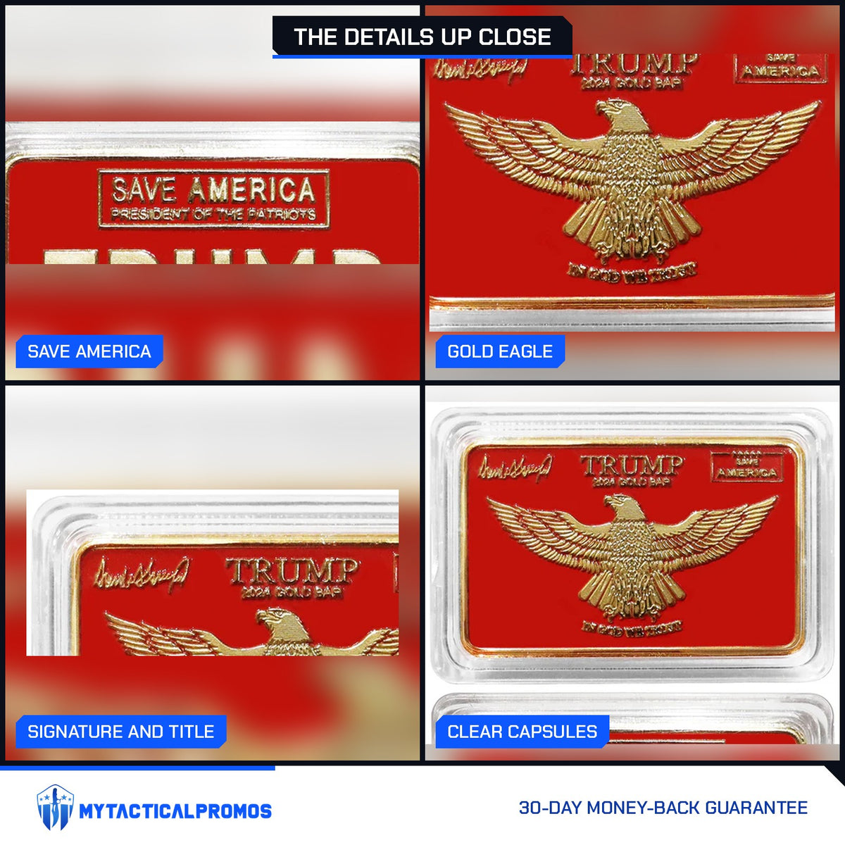 Trump Save America red and gold bar close-ups: Save America plaque, gold eagle, signature and title, clear capsules