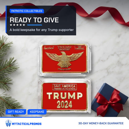 Trump Save America red and gold bar front and reverse on marble with a gift box