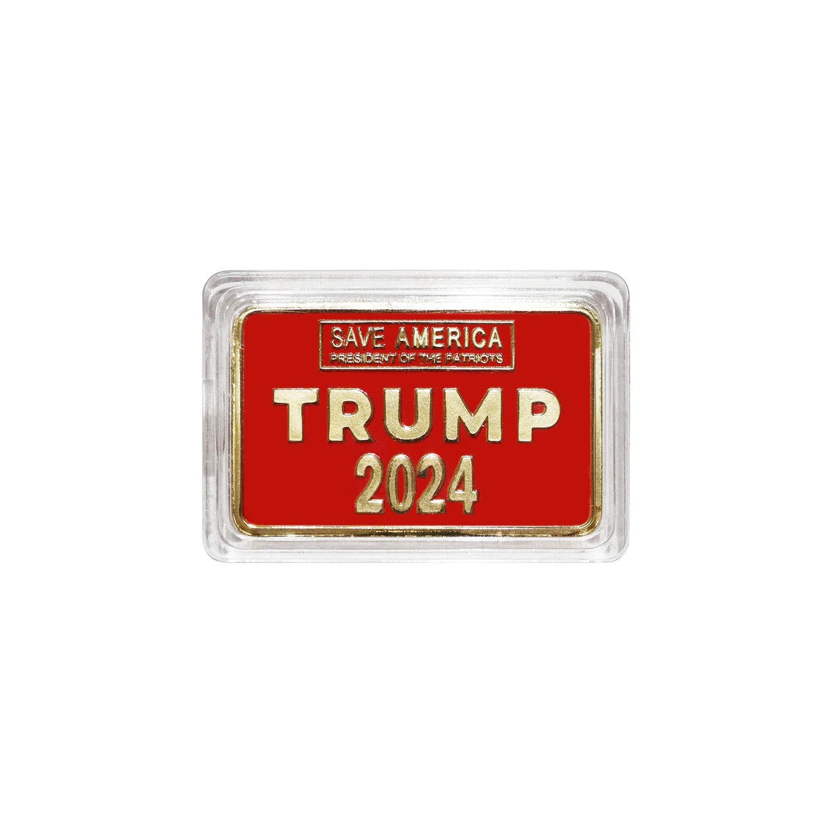 Trump Save America red and gold bar front with SAVE AMERICA and TRUMP 2024, studio shot