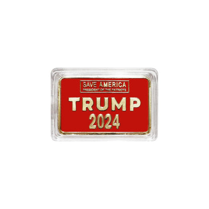 Trump Save America red and gold bar front with SAVE AMERICA and TRUMP 2024, studio shot
