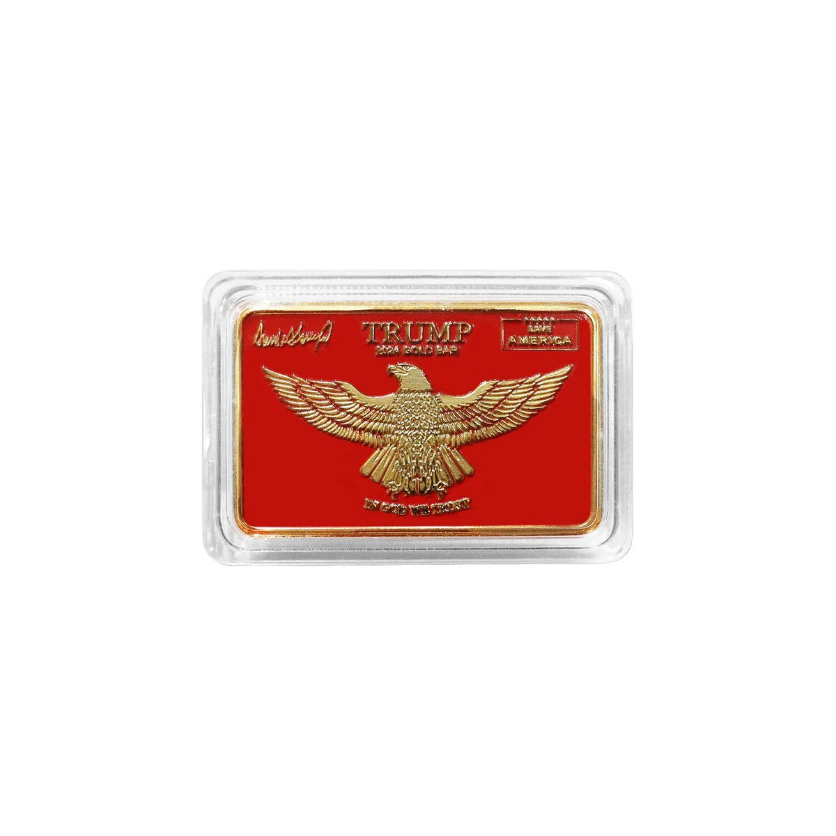 Trump Save America red and gold bar reverse with gold spread eagle, studio shot