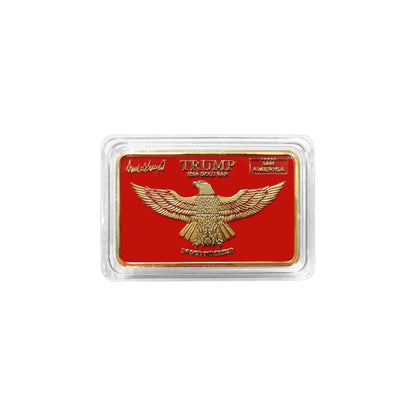 Trump Save America red and gold bar reverse with gold spread eagle, studio shot