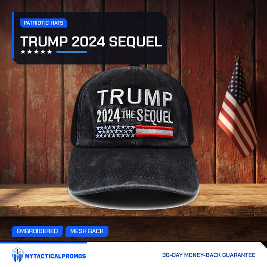Trump Sequel Hat on a rustic wooden shelf with a small American flag