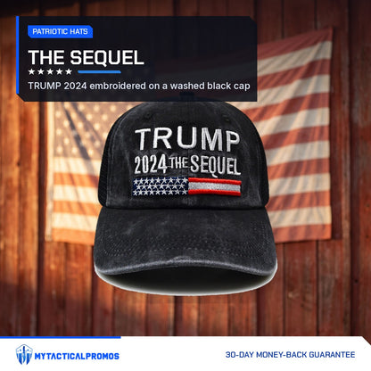 Trump 2024 The Sequel Hat in front of an American flag on a barn wall