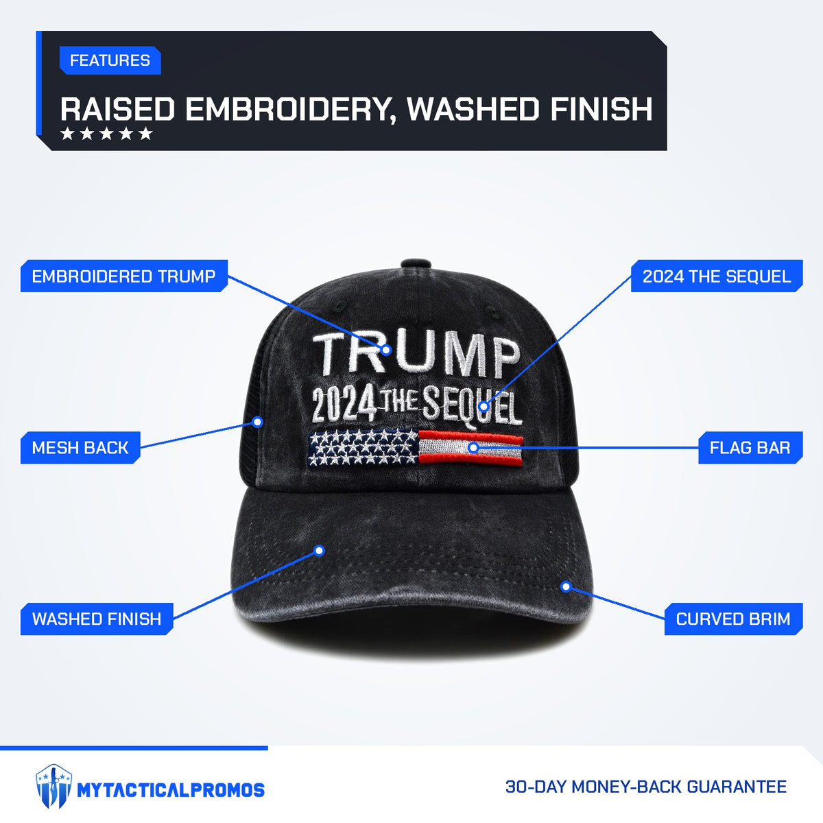 Trump 2024 The Sequel Hat features labeled: embroidered TRUMP, mesh back, washed finish, 2024 The Sequel, flag bar, curved brim