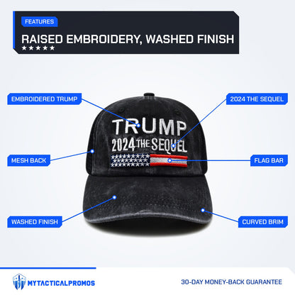 Trump 2024 The Sequel Hat features labeled: embroidered TRUMP, mesh back, washed finish, 2024 The Sequel, flag bar, curved brim