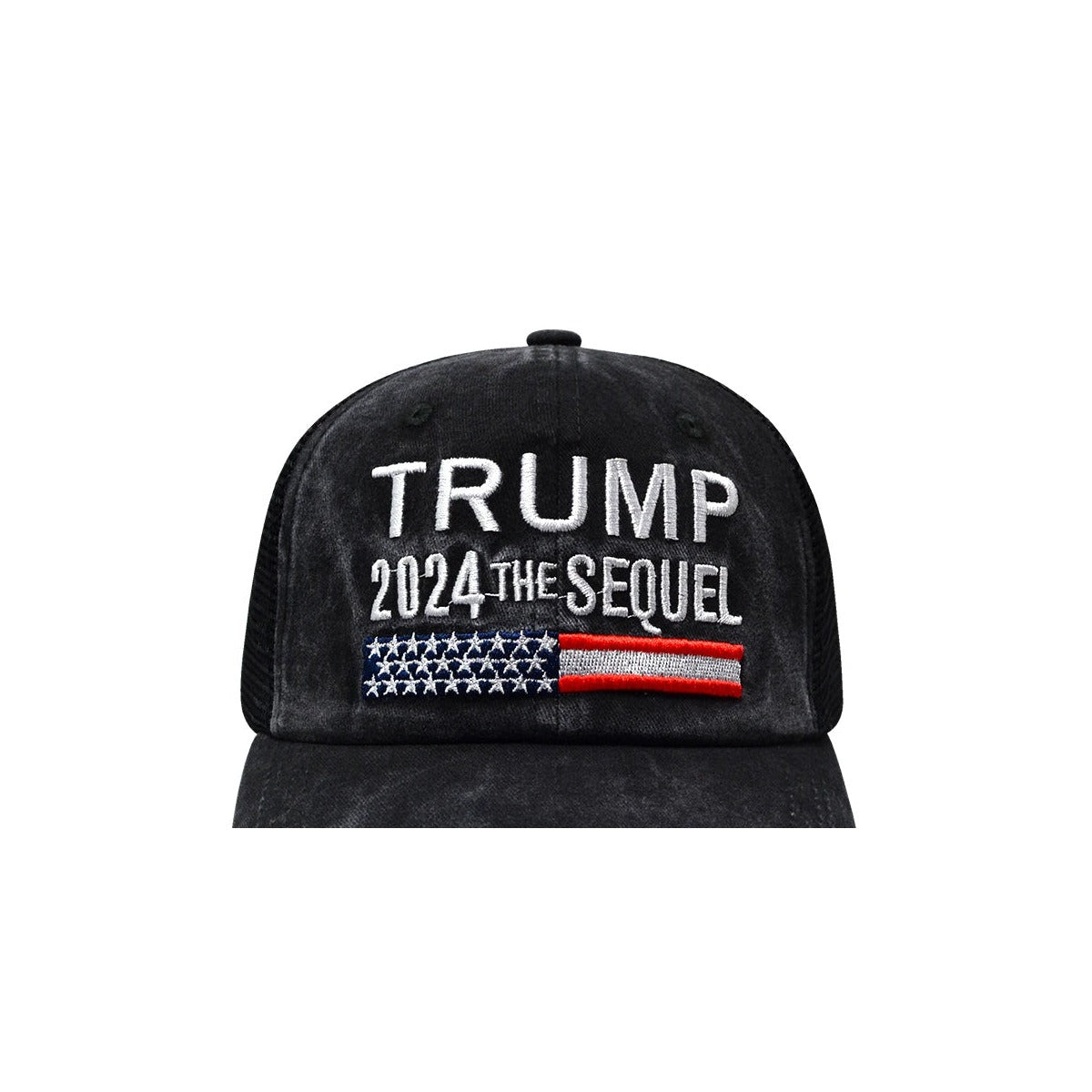 Trump 2024 The Sequel Hat close-up of the TRUMP 2024 THE SEQUEL embroidery and flag bar