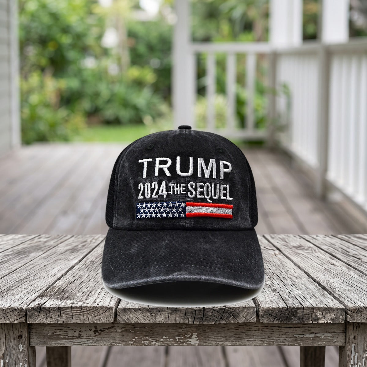 Trump 2024 The Sequel Hat on a weathered porch table