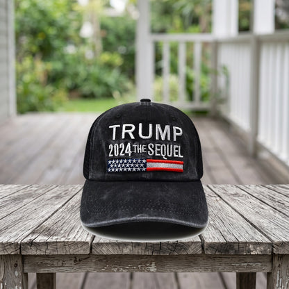 Trump 2024 The Sequel Hat on a weathered porch table