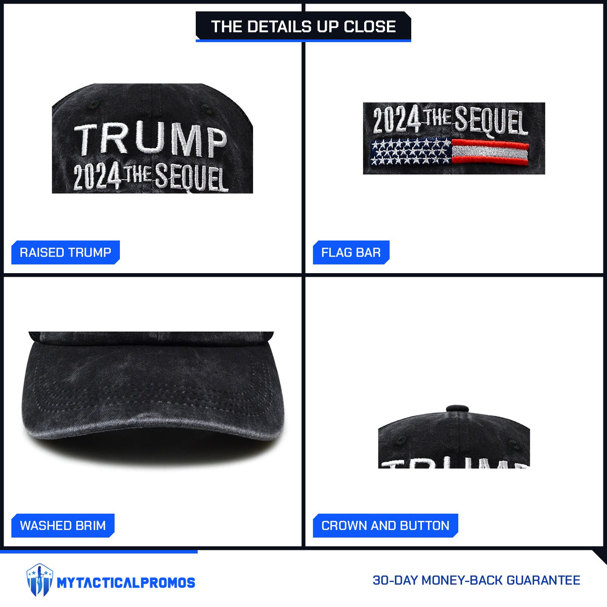Trump 2024 The Sequel Hat close-ups: raised TRUMP, flag bar, washed brim, crown and top button