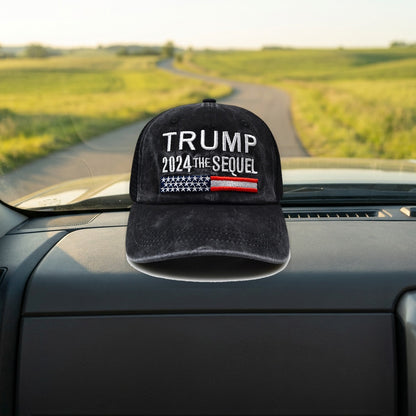 Trump 2024 The Sequel Hat on a pickup truck dashboard