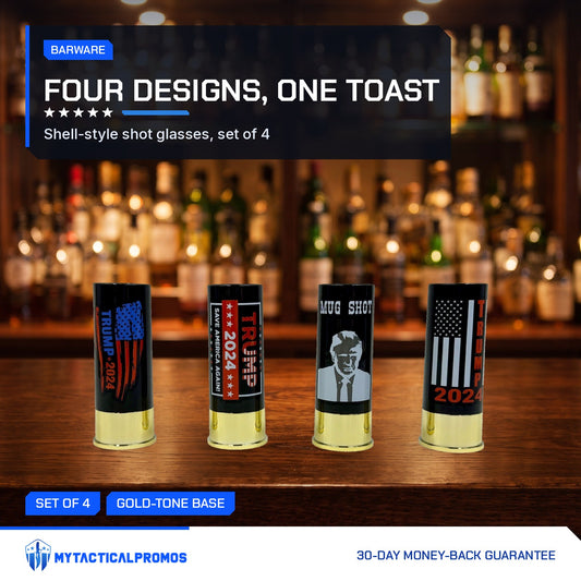 Trump Shot Glass Set of 4 lined up on a wooden bar
