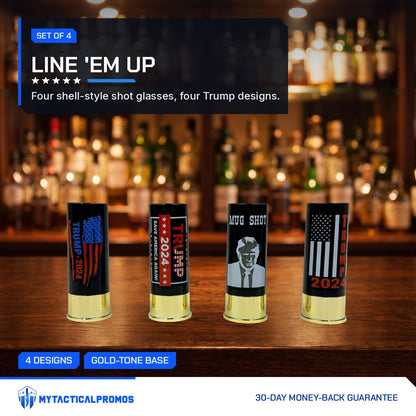 Trump Shot Glass Set of 4 lined up on a wooden bar