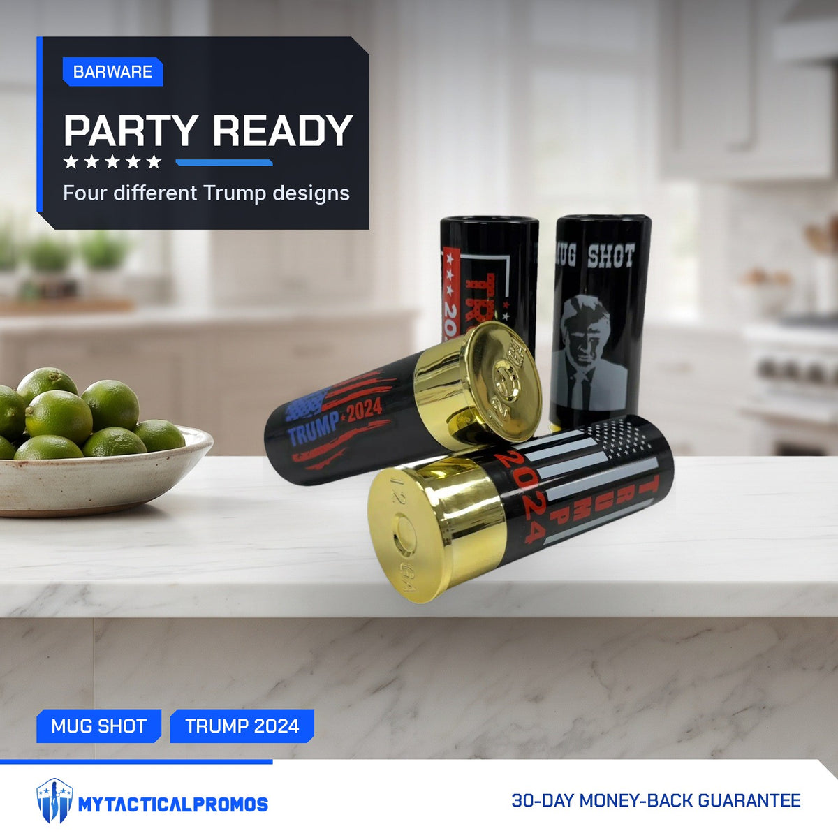 Trump Shot Glass Set of 4 on a kitchen island