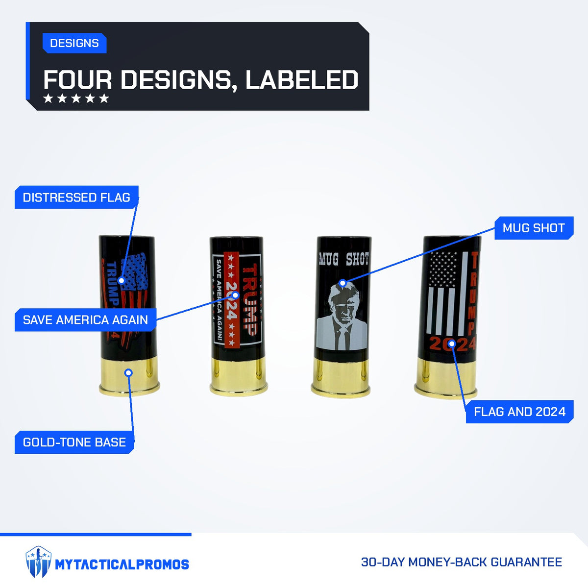 Trump Shot Glass Set features labeled: distressed flag design, Save America Again design, Mug Shot design, flag and 2024 design, gold-tone shell base