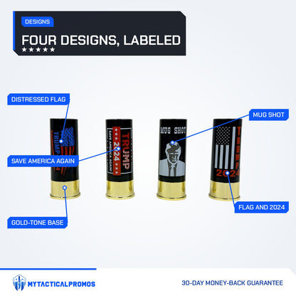 Trump Shot Glass Set features labeled: distressed flag design, Save America Again design, Mug Shot design, flag and 2024 design, gold-tone shell base