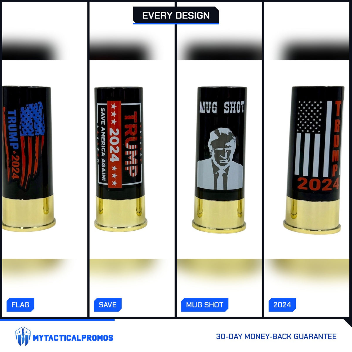 Trump Shot Glass Set close-ups of all four designs: distressed flag, Save America Again, Mug Shot, flag and 2024