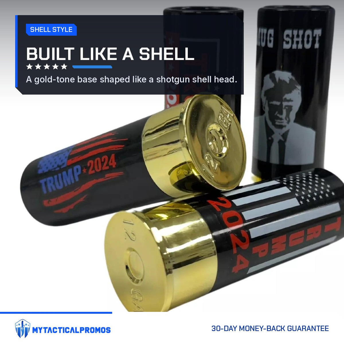 Trump Shot Glass Set gold-tone shell-style bases up close