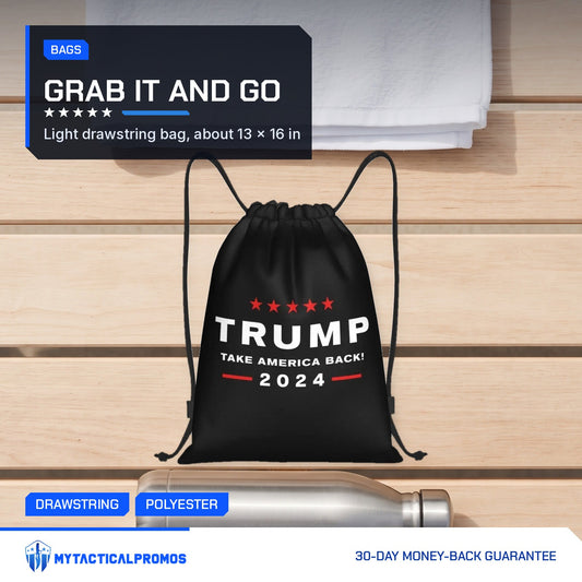 Trump Drawstring Bag on a wooden bench with a towel and water bottle