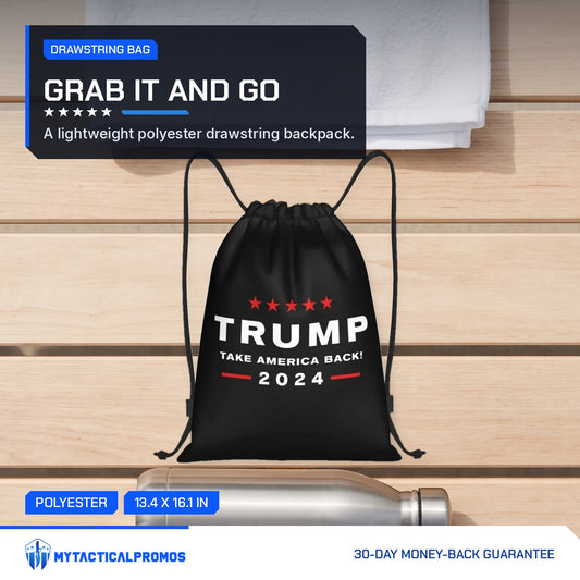 Trump Drawstring Bag on a wooden bench with a towel and water bottle