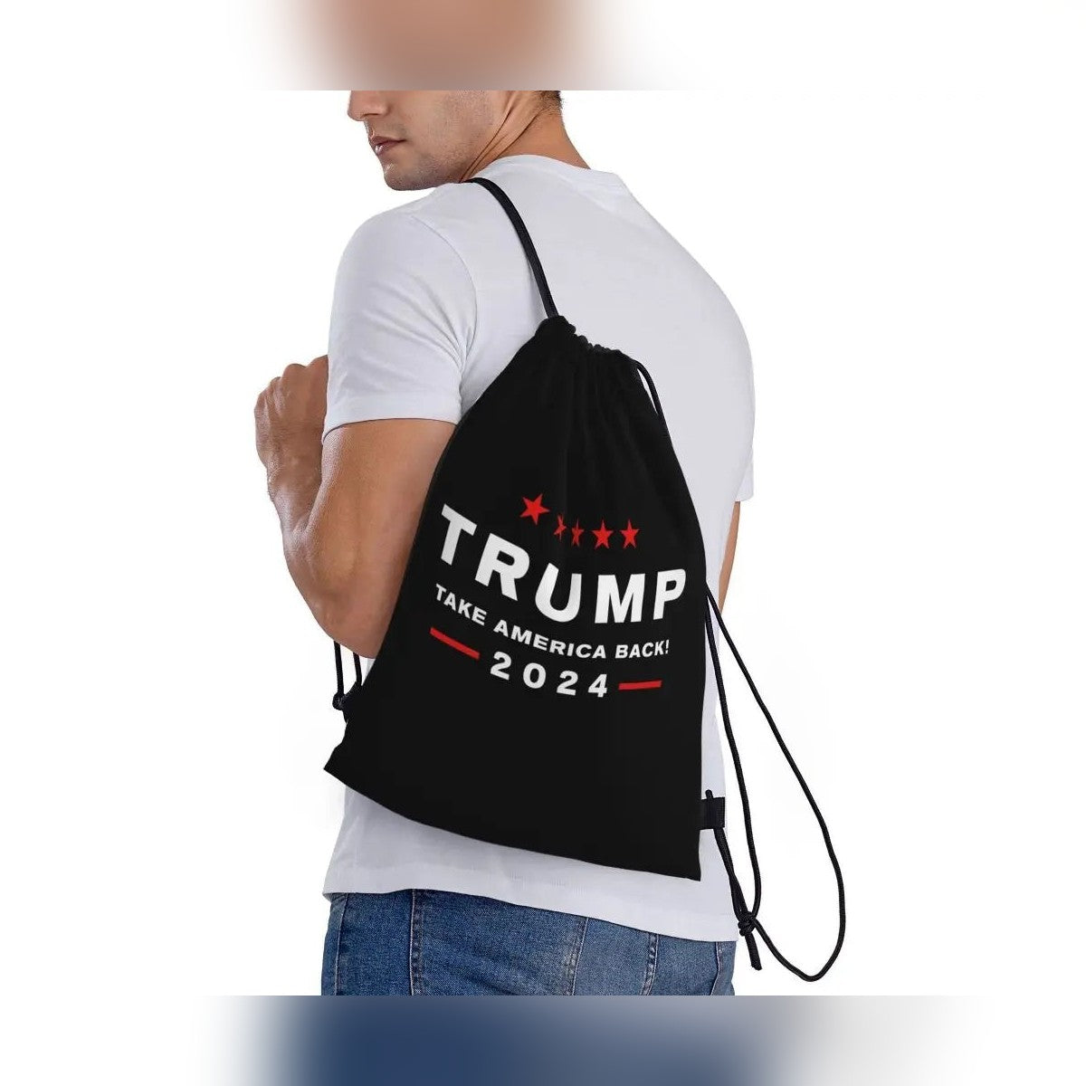 Trump Drawstring Bag worn over one shoulder