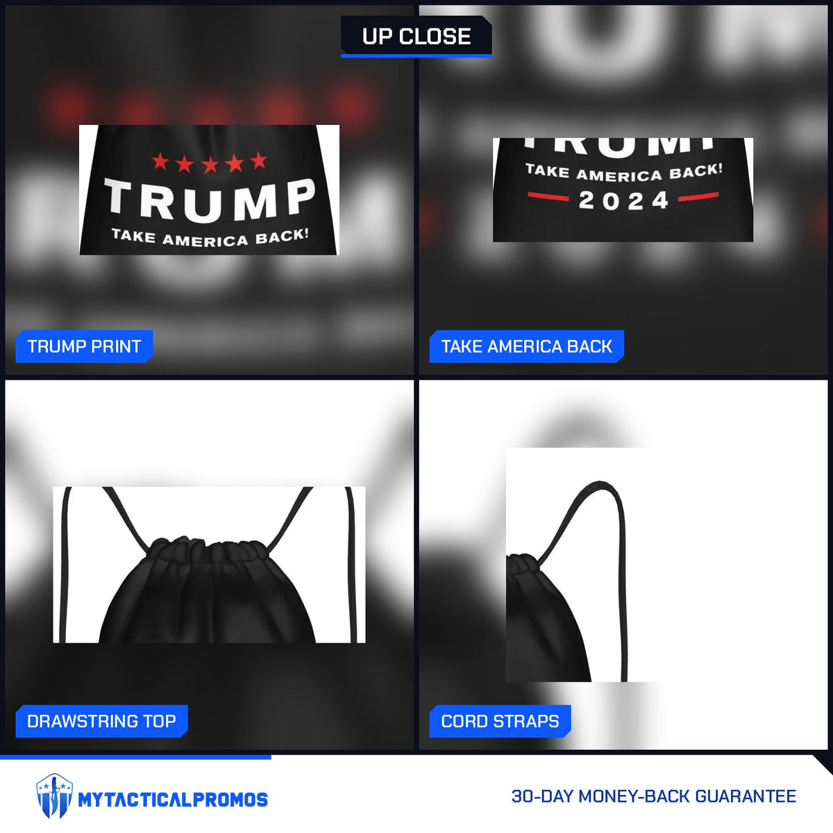 Trump Drawstring Bag close-ups: red stars and TRUMP print, TAKE AMERICA BACK 2024, drawstring top, cord straps