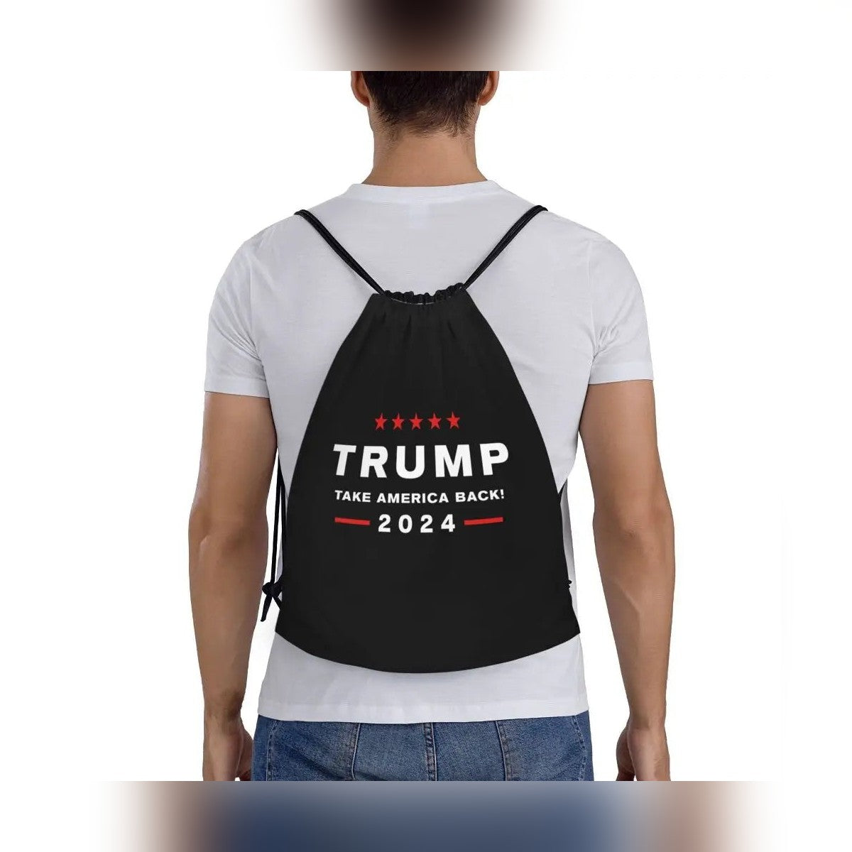 Trump Drawstring Bag worn on the back like a backpack
