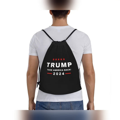 Trump Drawstring Bag worn on the back like a backpack