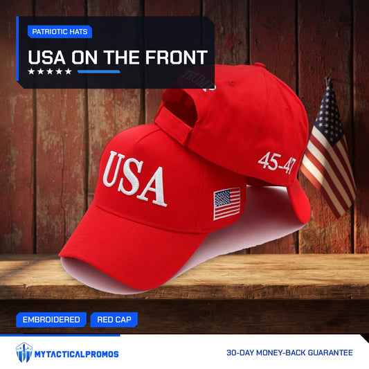 Two Trump USA Hats on a rustic wooden shelf, front and back views