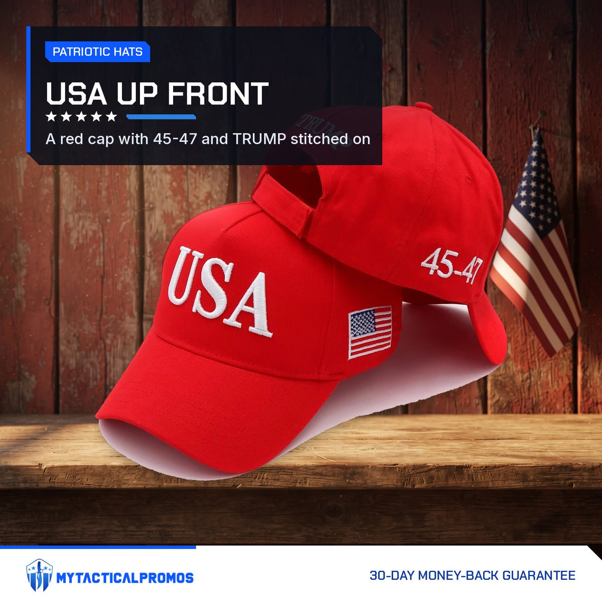 Red Trump USA Hat on a rustic barn shelf with a small American flag