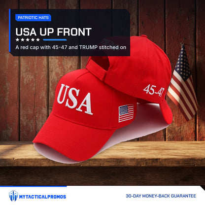 Red Trump USA Hat on a rustic barn shelf with a small American flag