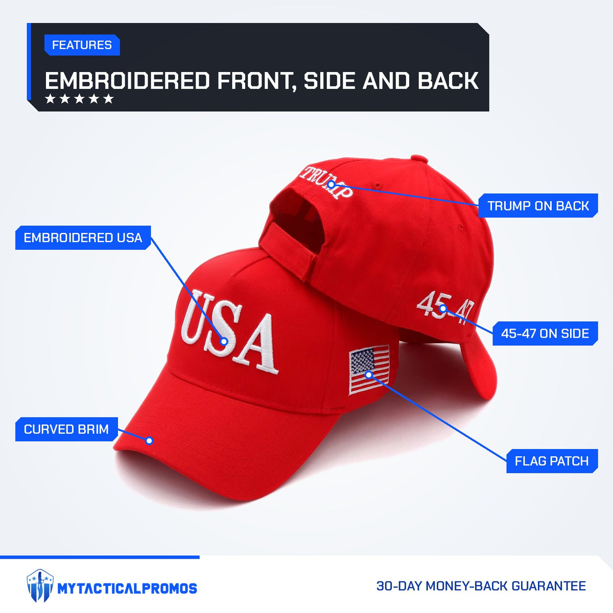 Trump USA Hat in red, features labeled: embroidered USA, curved brim, TRUMP on back, 45-47 on side, flag patch