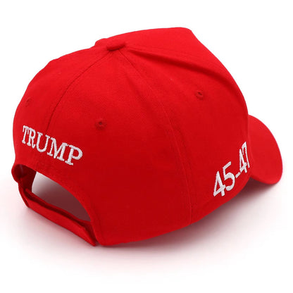 Red Trump USA Hat back view with TRUMP and 45-47 embroidery