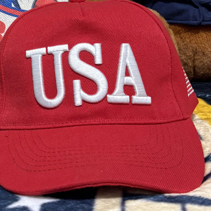 Red Trump USA Hat close-up of the raised USA embroidery