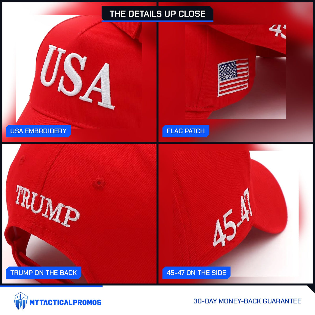 Trump USA Hat close-ups: USA embroidery, flag patch, TRUMP on the back, 45-47 on the side