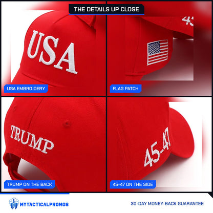 Trump USA Hat close-ups: USA embroidery, flag patch, TRUMP on the back, 45-47 on the side