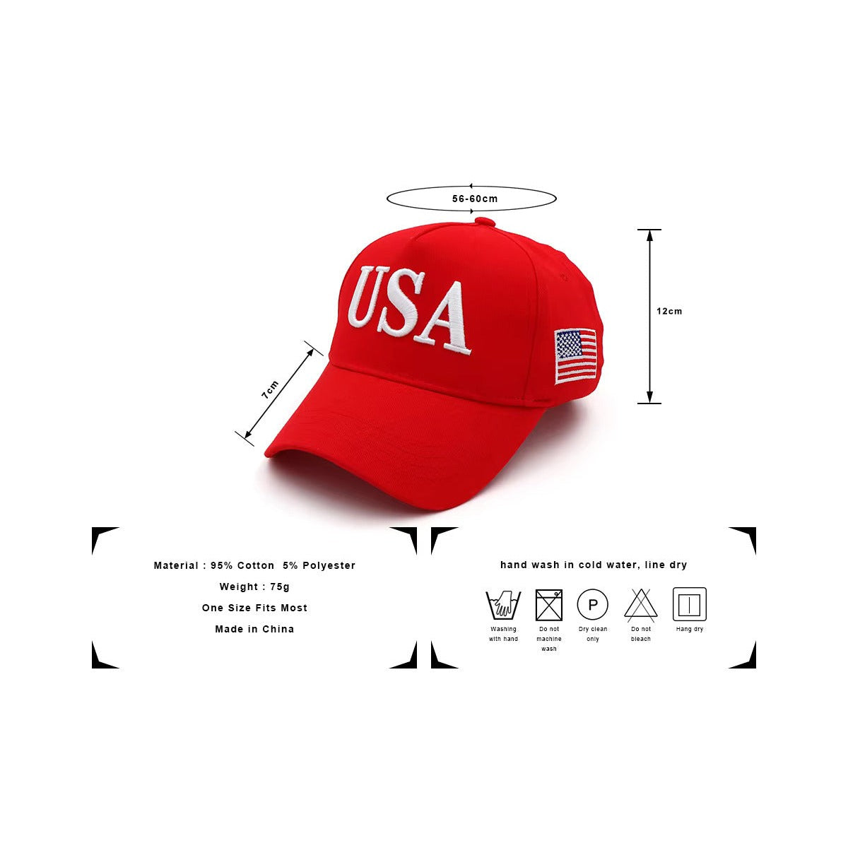 Red Trump USA Hat size and material chart
