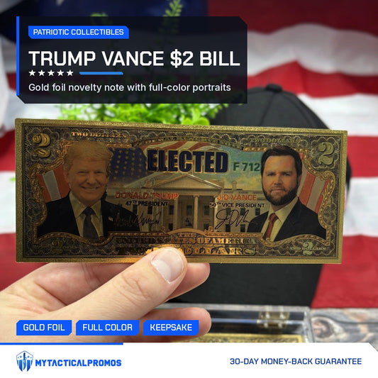 Trump Vance $2 gold foil novelty bill held in hand in front of an American flag