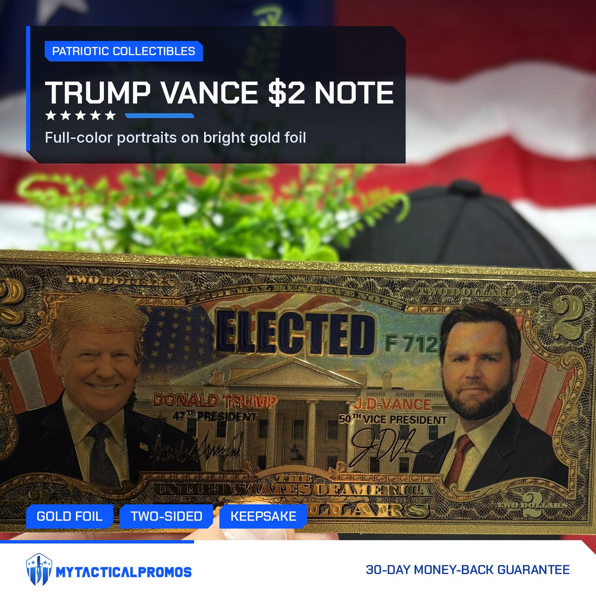 Trump Vance $2 gold foil novelty bill held up in front of an American flag