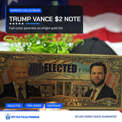 Trump Vance $2 gold foil novelty bill held up in front of an American flag