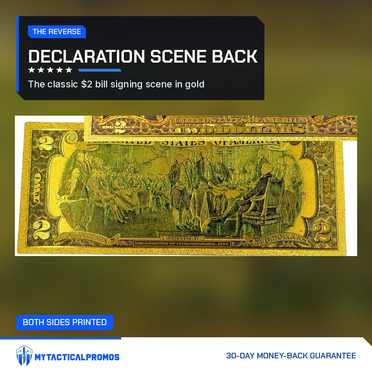 Back of the Trump Vance $2 gold foil novelty bill with the Declaration signing scene